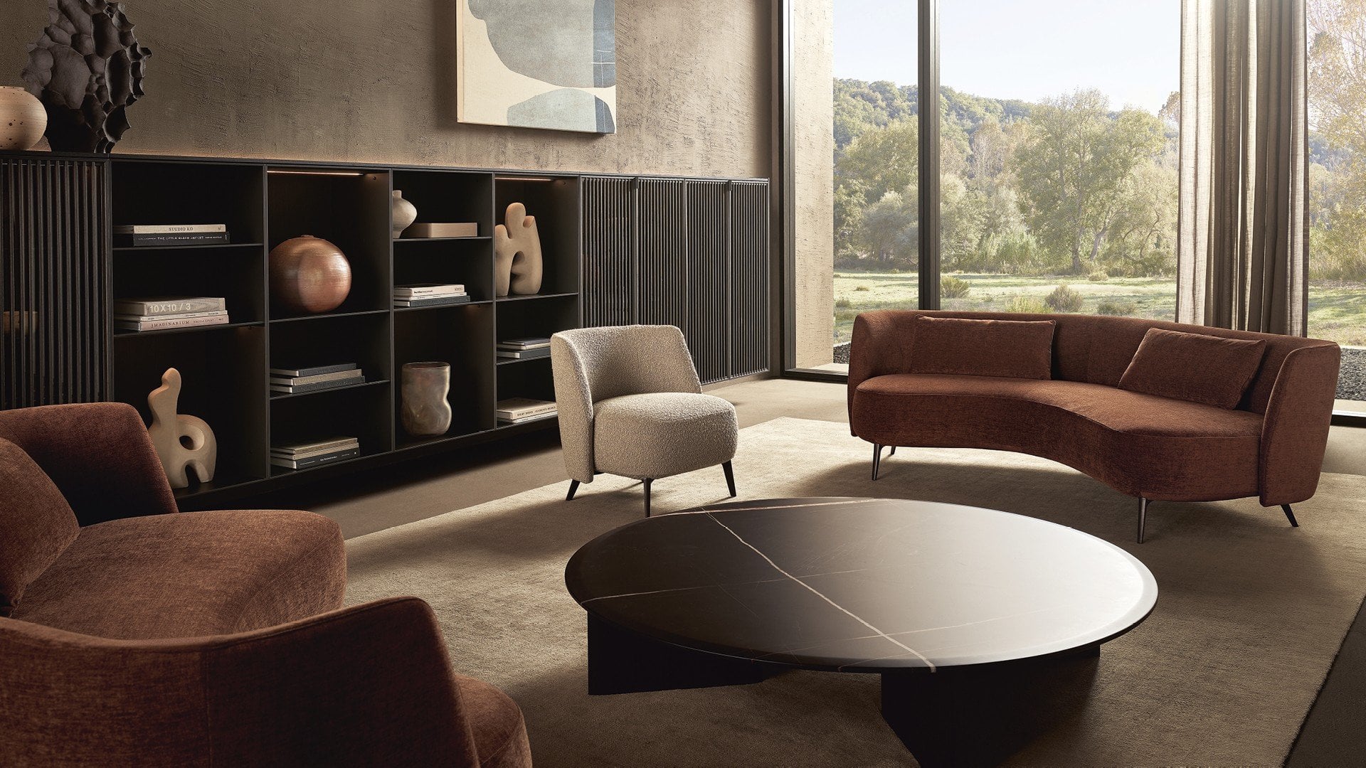 Sistema giorno Code Poliform con boiserie e contenitori sospesi