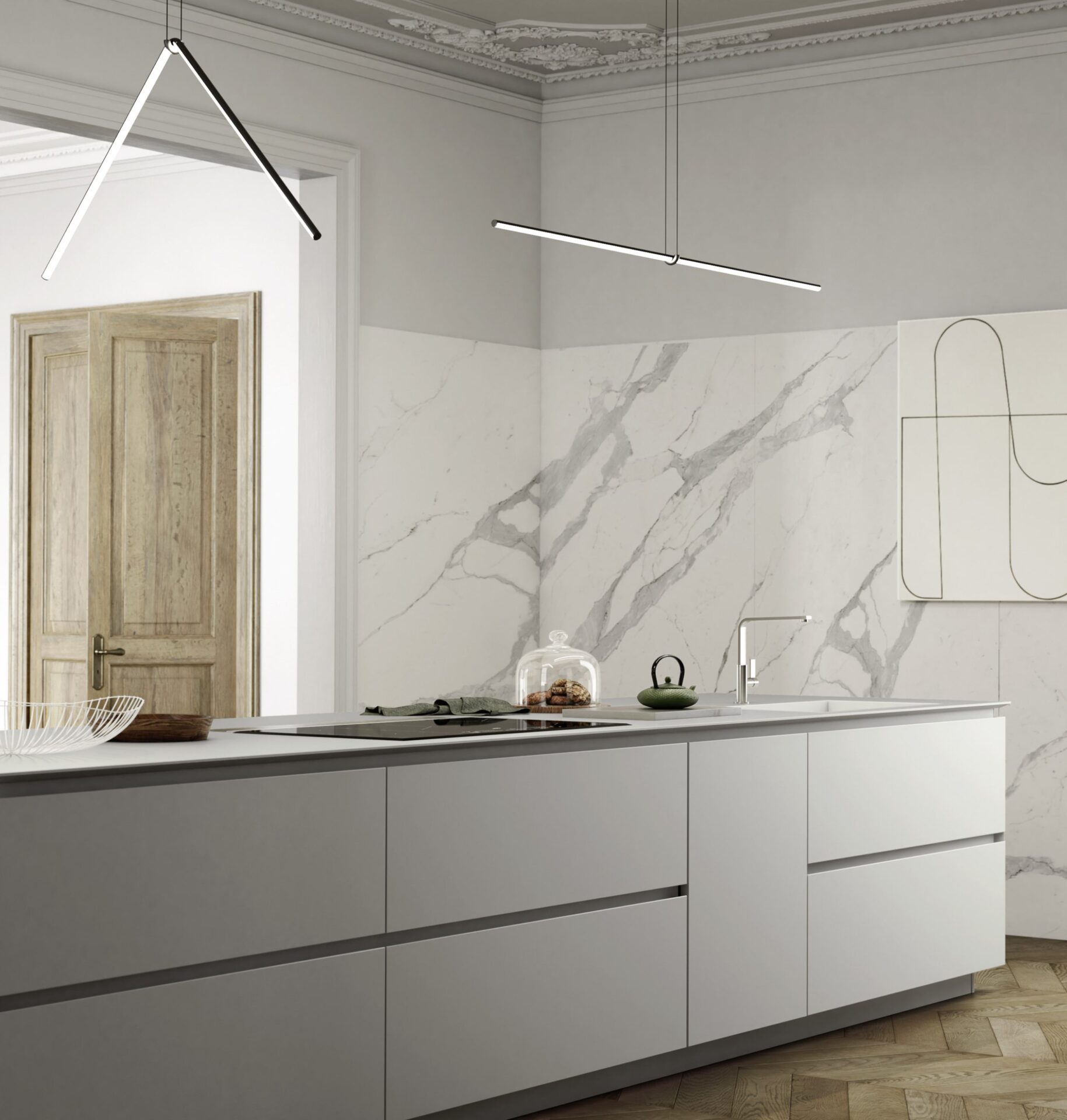 Isola cucina con design contemporaneo e linee orizzontali