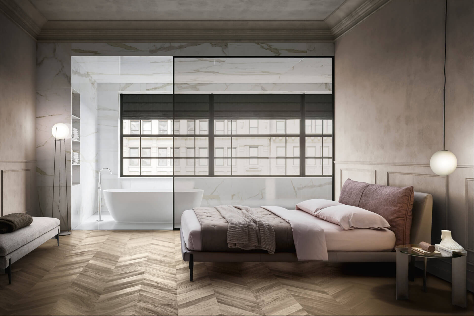 Vista laterale divano Kim con piedini ispirati a ghette ottocentesche