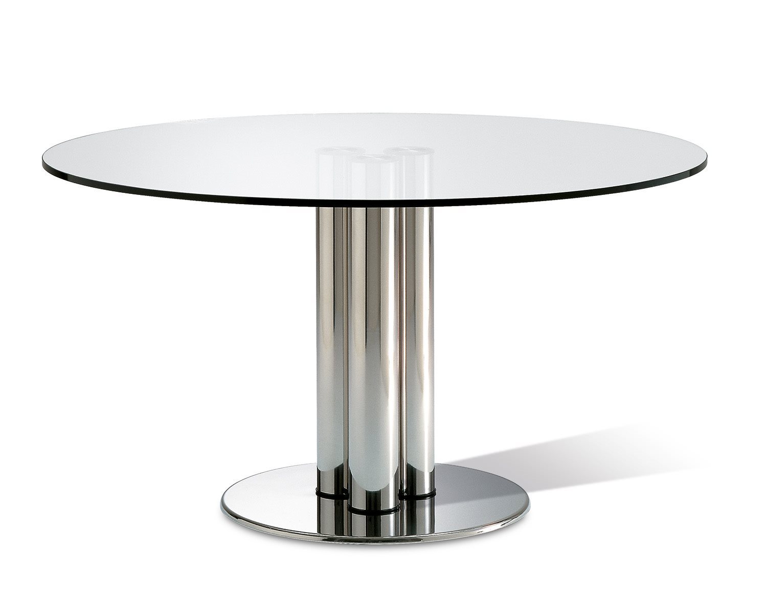 Tavolo Marcuso con piano in cristallo e gambe in acciaio inox