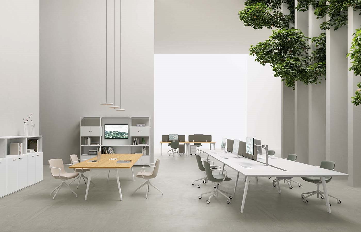 Scrivania con struttura a cavalletto in ambiente ufficio moderno