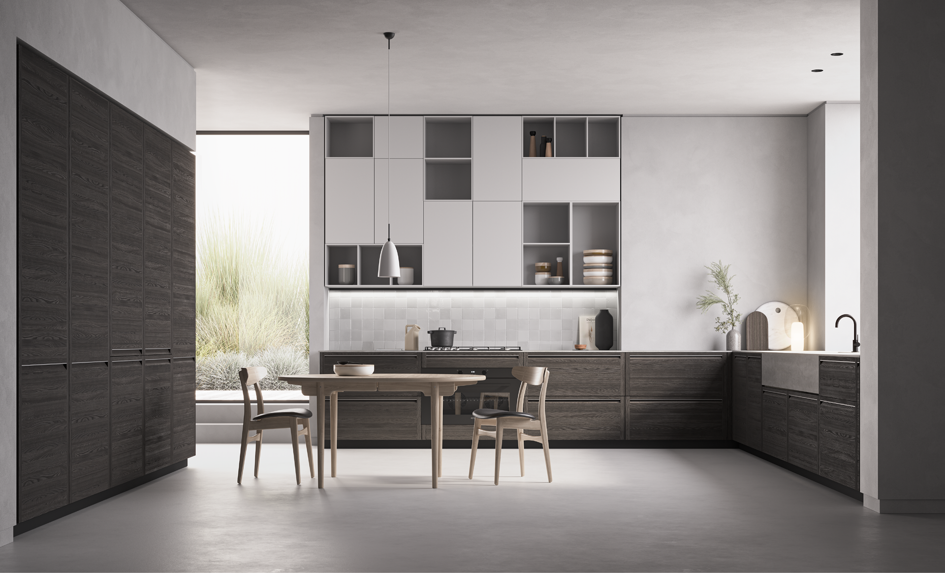 Particolare cucina M2 Memo con materiali legno di olmo