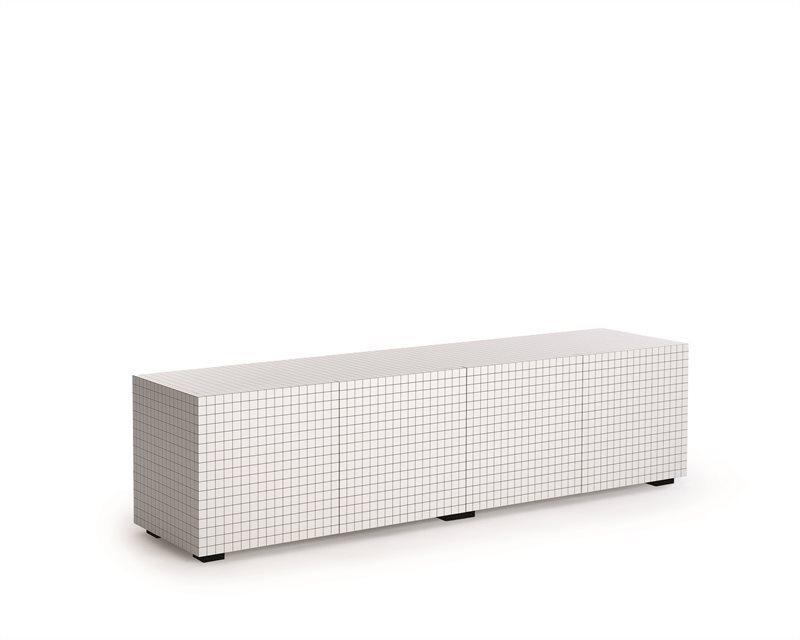 Contenitore in legno laminato bianco con quadretti neri e ripiani in cristallo