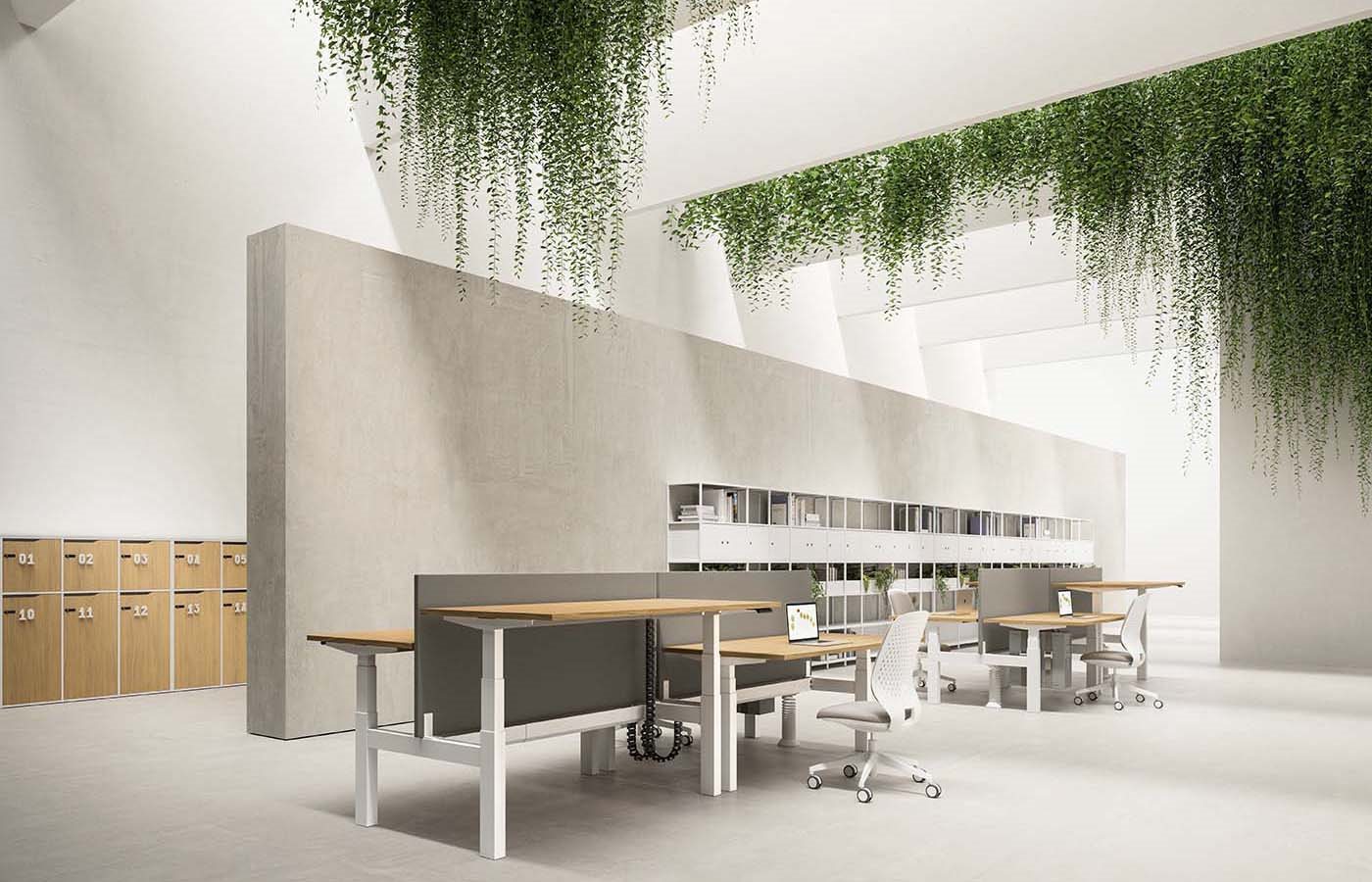 Scrivania regolabile in altezza con struttura metallica vista frontale