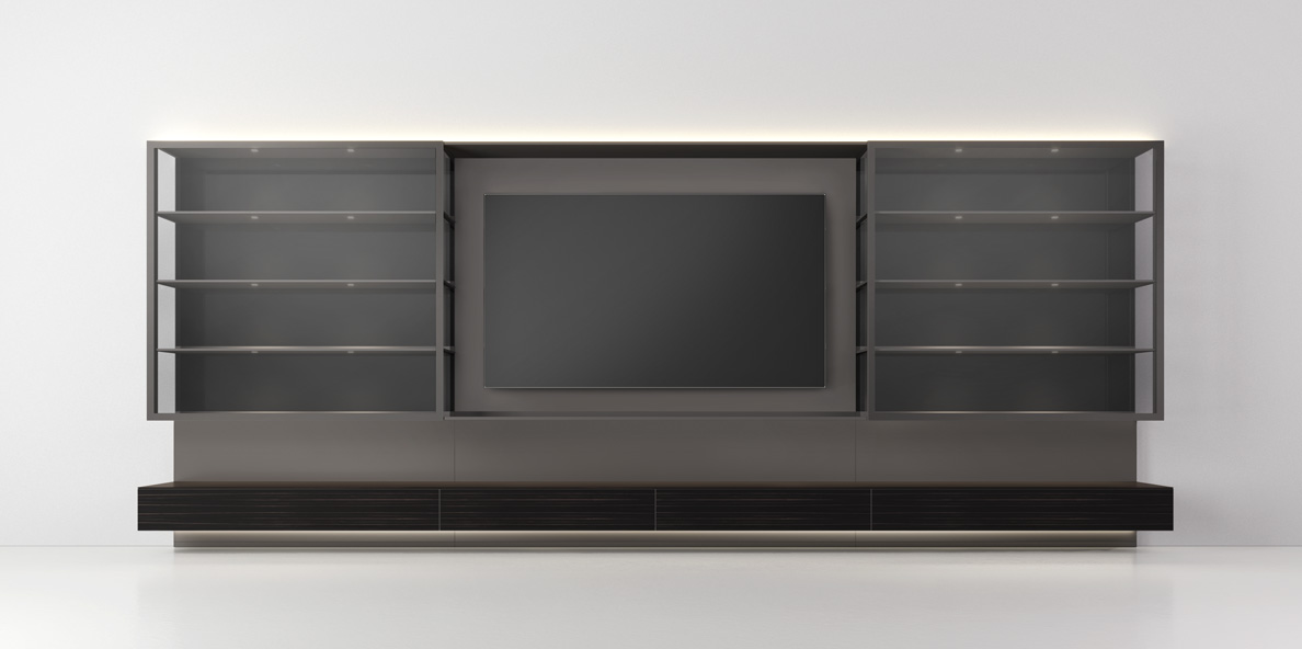 Sistema giorno Abacus Living con parete attrezzata e illuminazione LED integrata