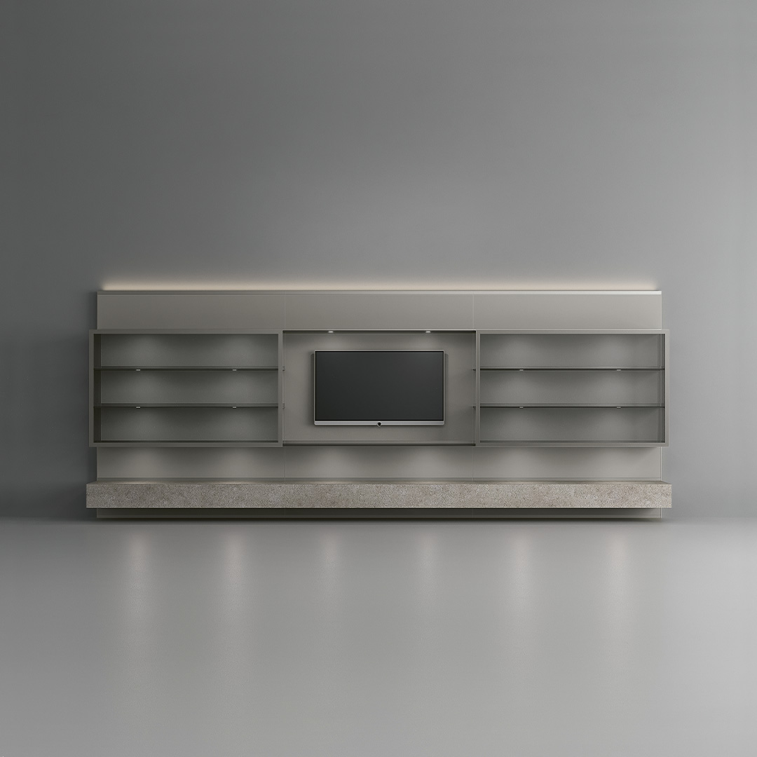 Mensole sottili e schienali con illuminazione LED nel sistema giorno Abacus Living