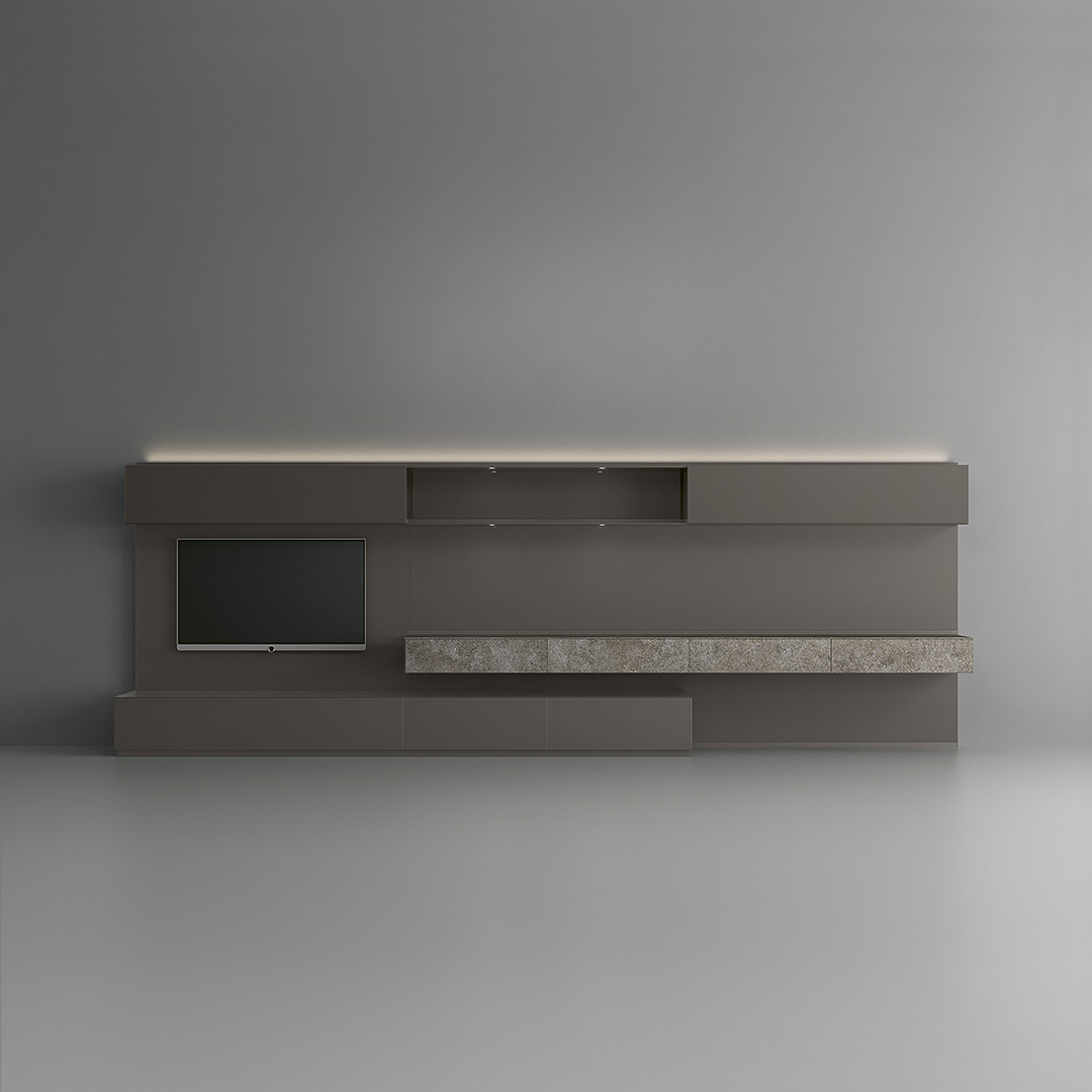 Dettaglio ante scorrevoli in vetro laccato del sistema giorno Abacus Living