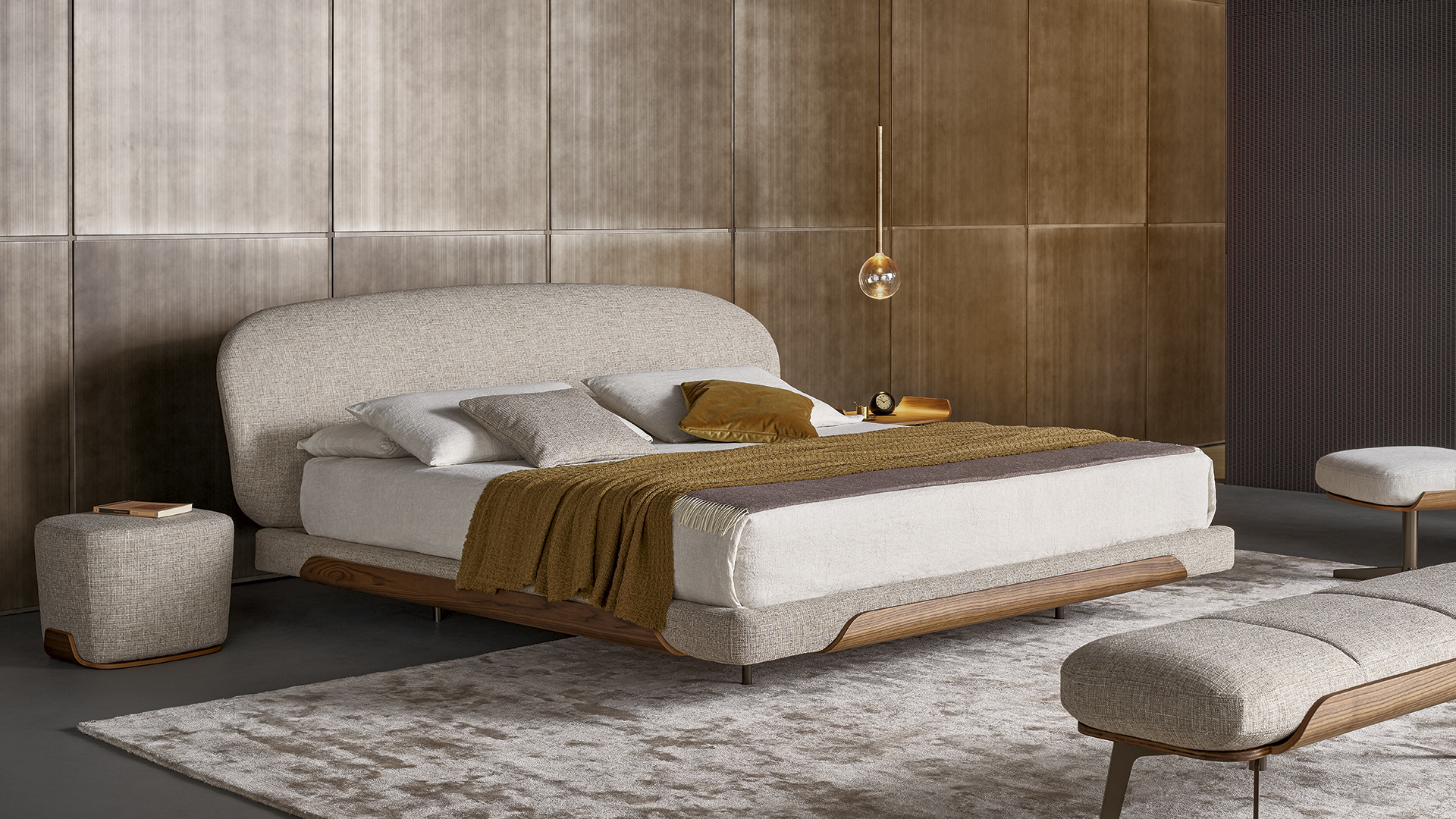 Letto matrimoniale Olos bed Bonaldo con tessuto azzurro in ambiente contemporaneo