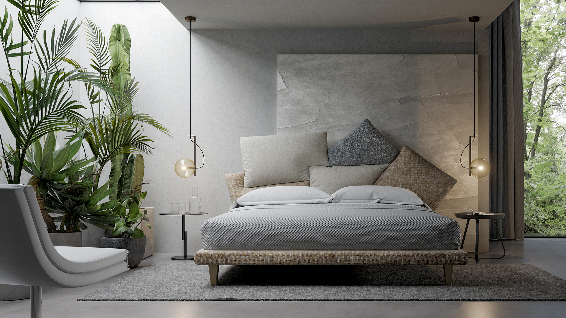 Vista frontale del letto imbottito moderno Picabia Bonaldo