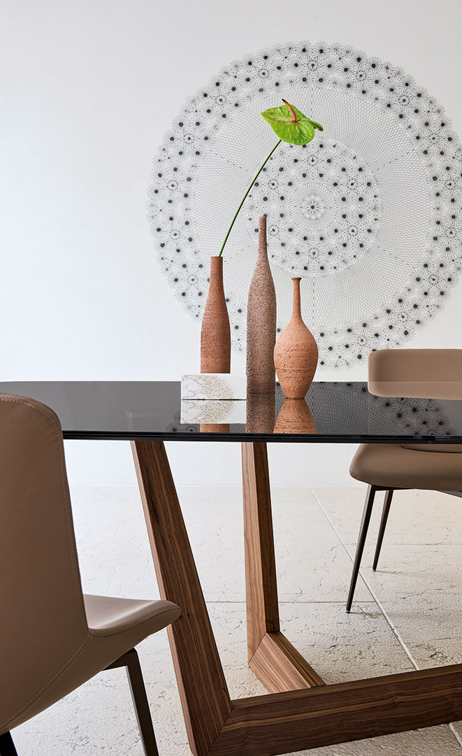 Dettaglio piano tavolo Art con finitura legno Noce americano