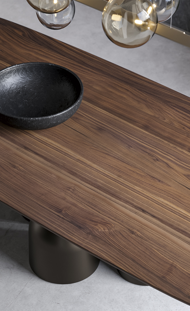 Dettaglio tavolo Cop Bonaldo con piano rotondo e finitura Rovere spazzolato