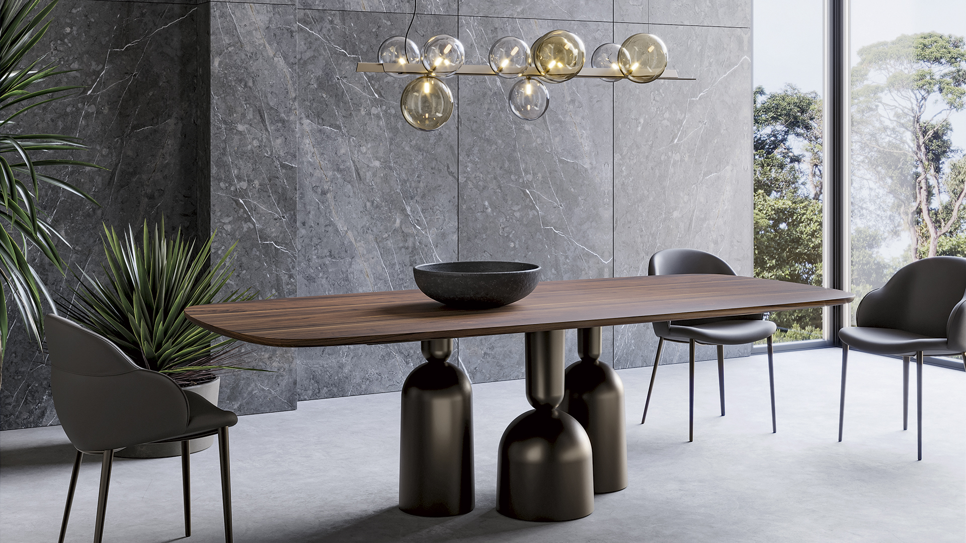 Tavolo Cop Bonaldo con piano a botte in marmo e base in metallo