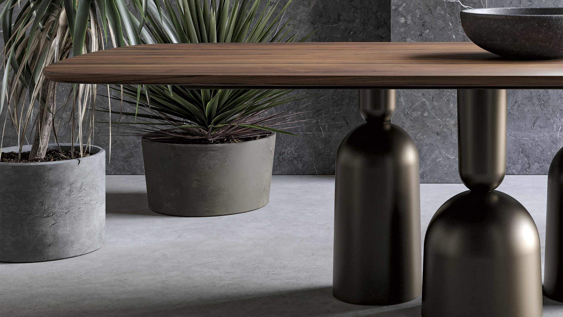 Vista laterale tavolo Cop Bonaldo con finitura Noce americano