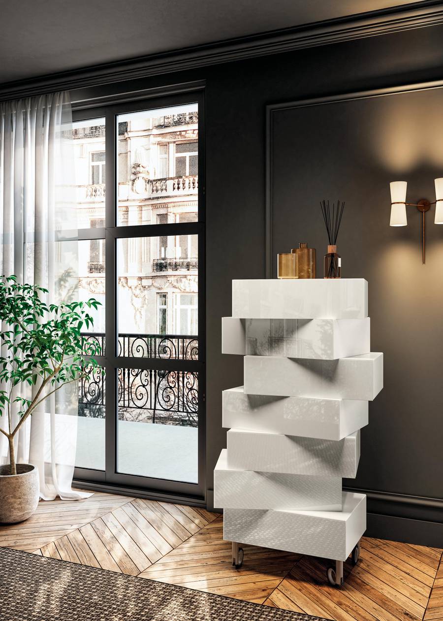 Cassettiera Morgana bianca con ruote per camera da letto