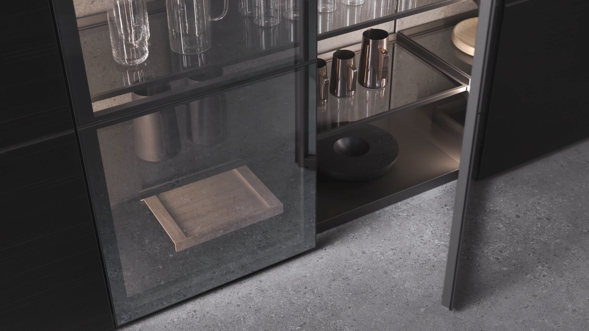 Cover sistema componibile con ante in vetro e illuminazione LED