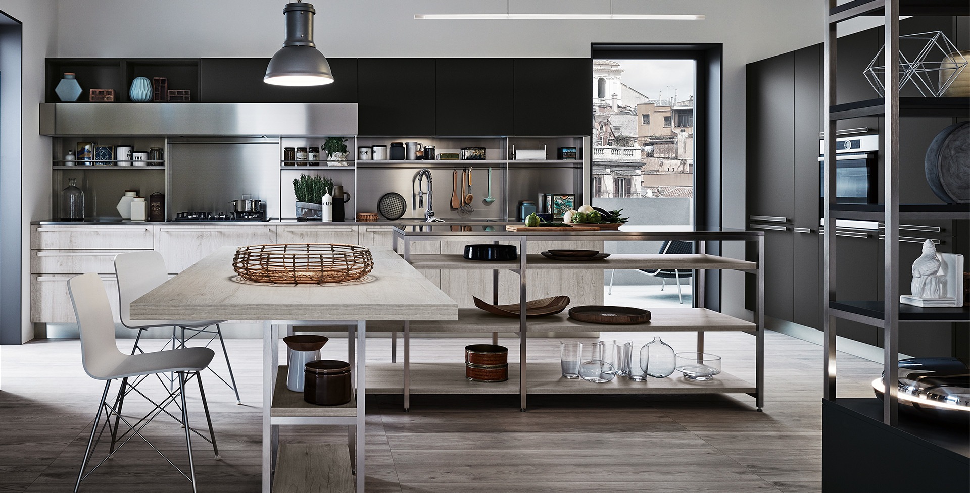 Cucina Ethica con finitura Quercia Bianco Dek e Silk Grigio Piombo