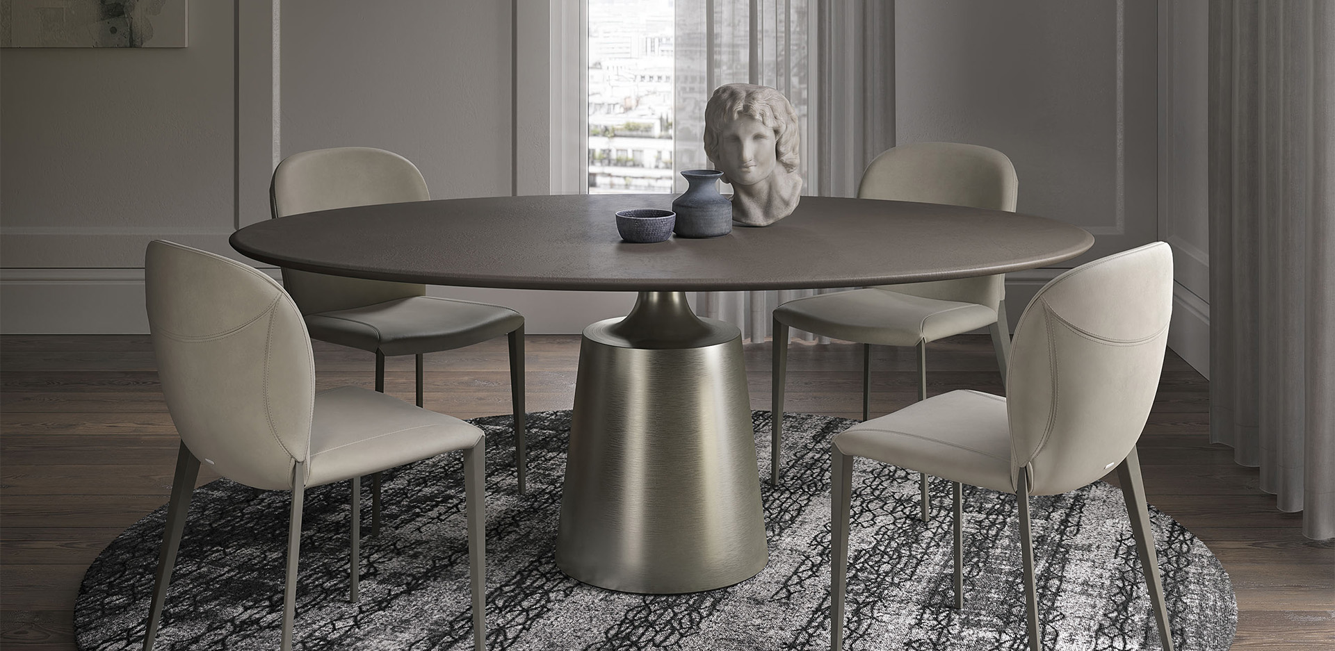 Vista laterale del tavolo Yoda Argile con piano in MDF spatolato in argilla