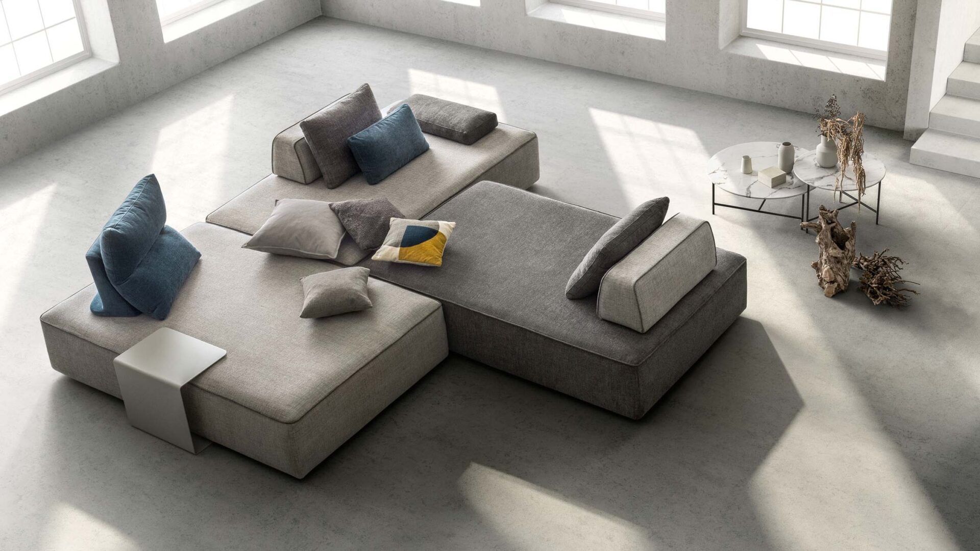 Divano Jest con moduli componibili in tessuto chiaro