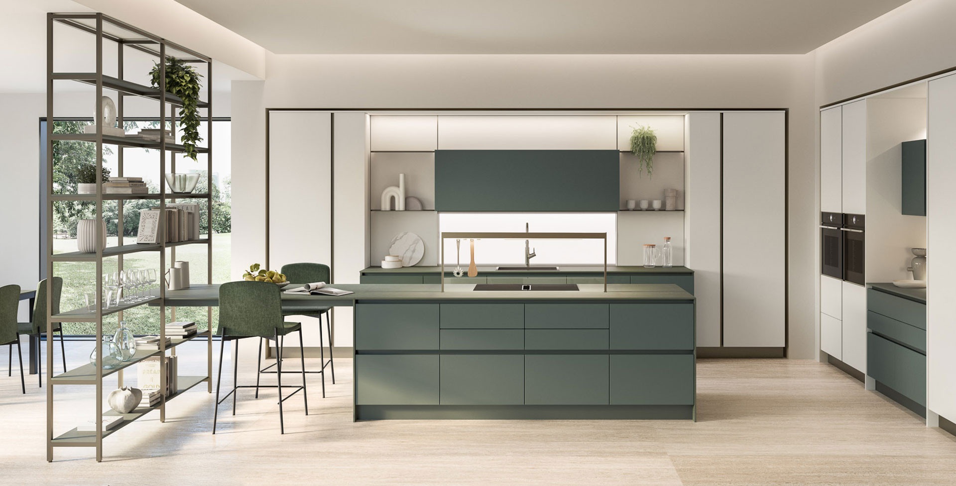 Cucina Oyster Veneta Cucine finitura Beige Grain Dek 644 con dettagli verde salvia