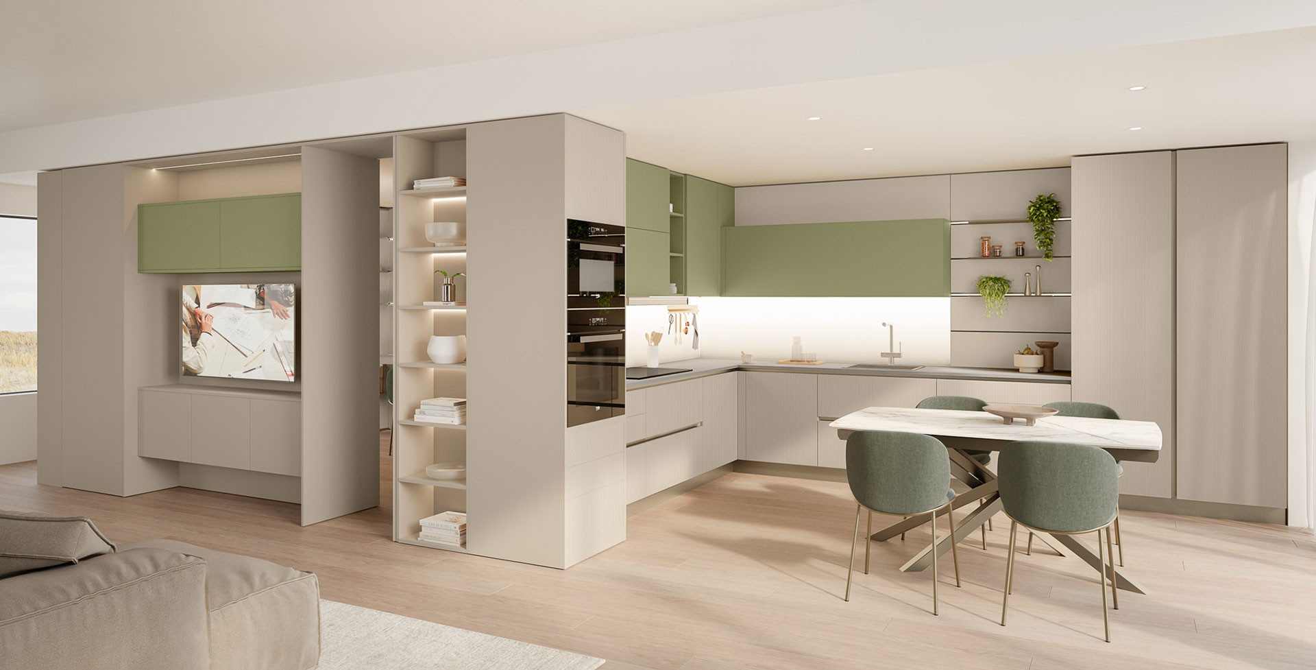 Cucina Start-Time Veneta Cucine con finiture Smart Nocciola e Smart Verde