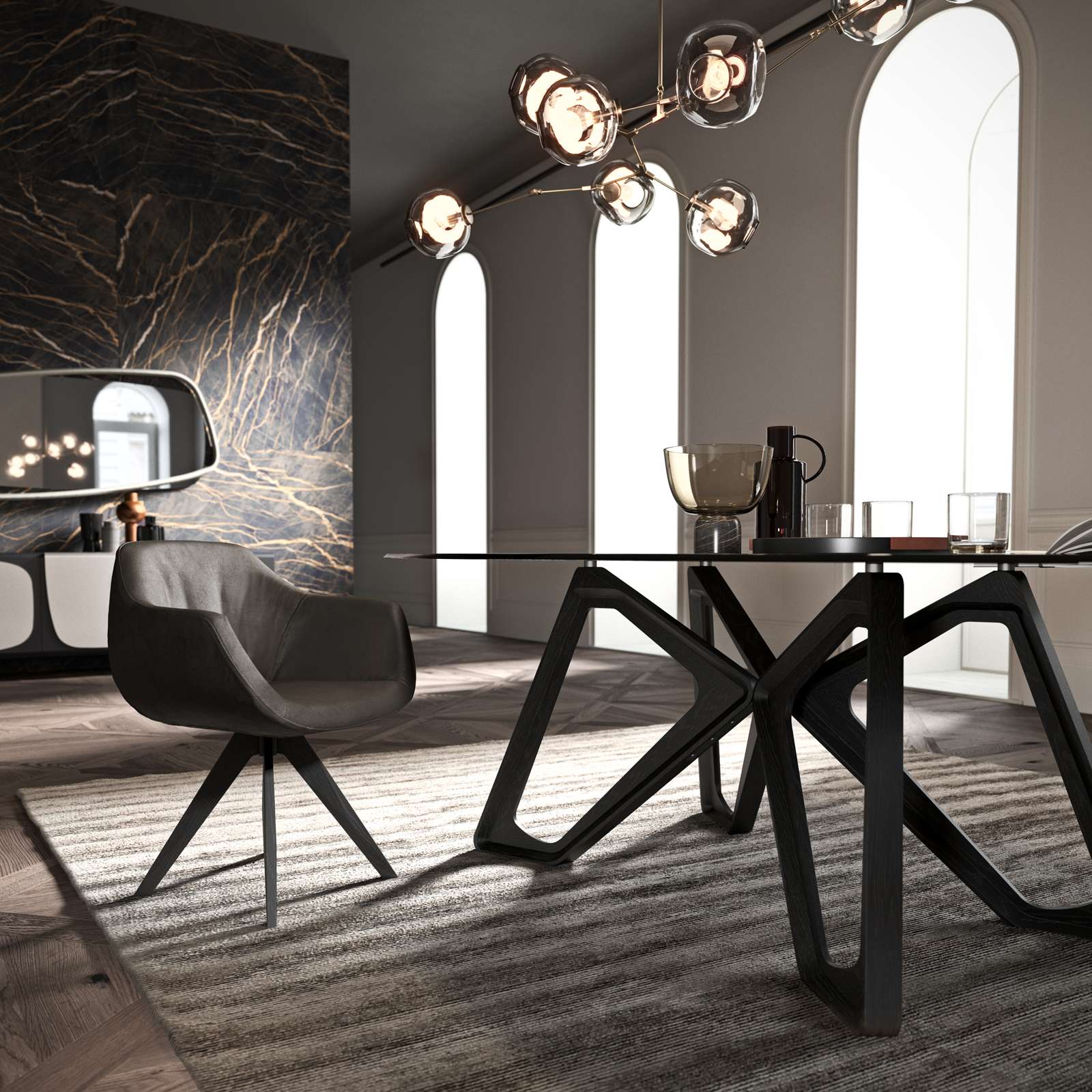 Vista laterale del tavolo Papillon con finitura legno rovere