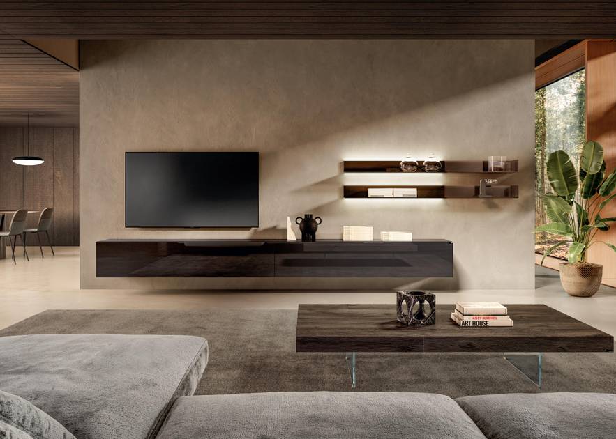 Parete attrezzata Cartesio con mensole in vetro a sbalzo