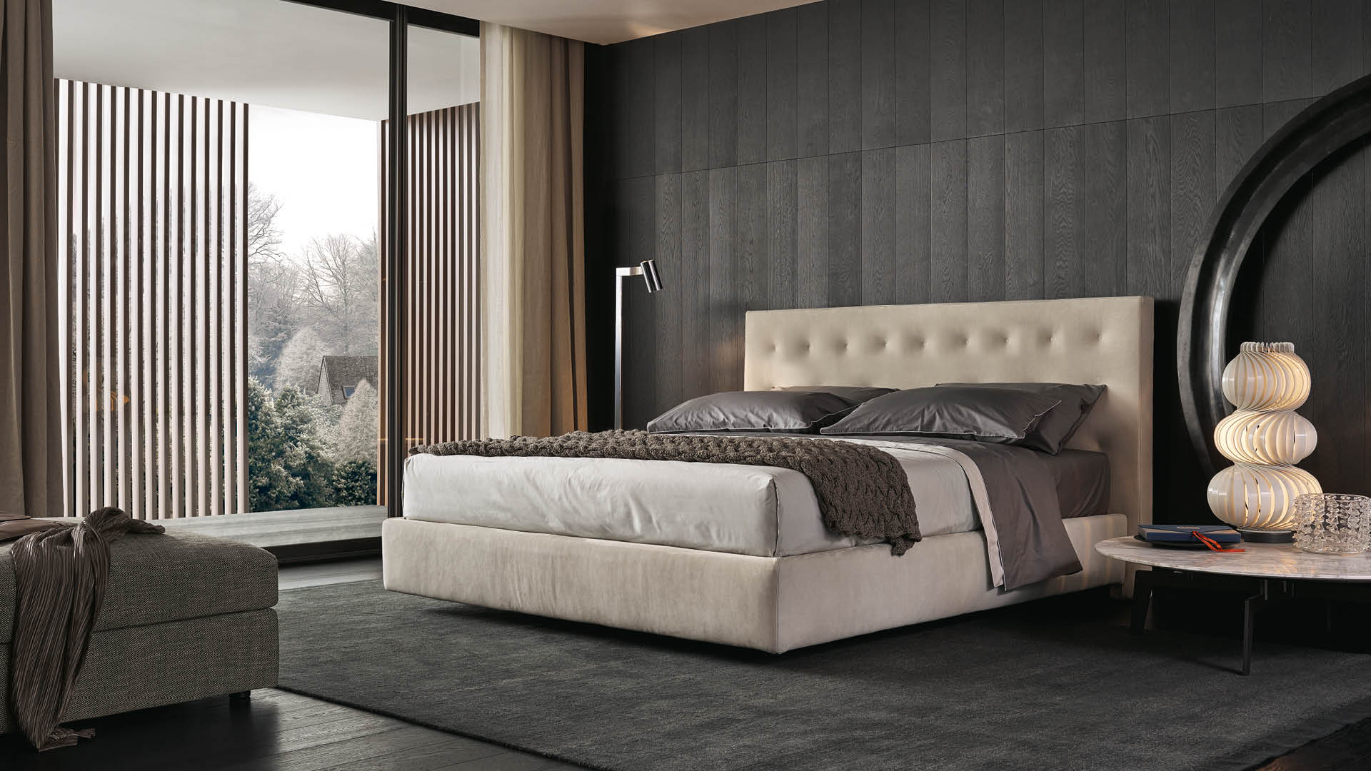 Letto Arca Poliform con rivestimento in pelle Nabuk latte