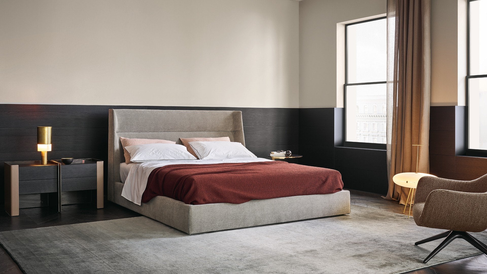 Particolare finiture e rivestimento del letto Chloe Poliform