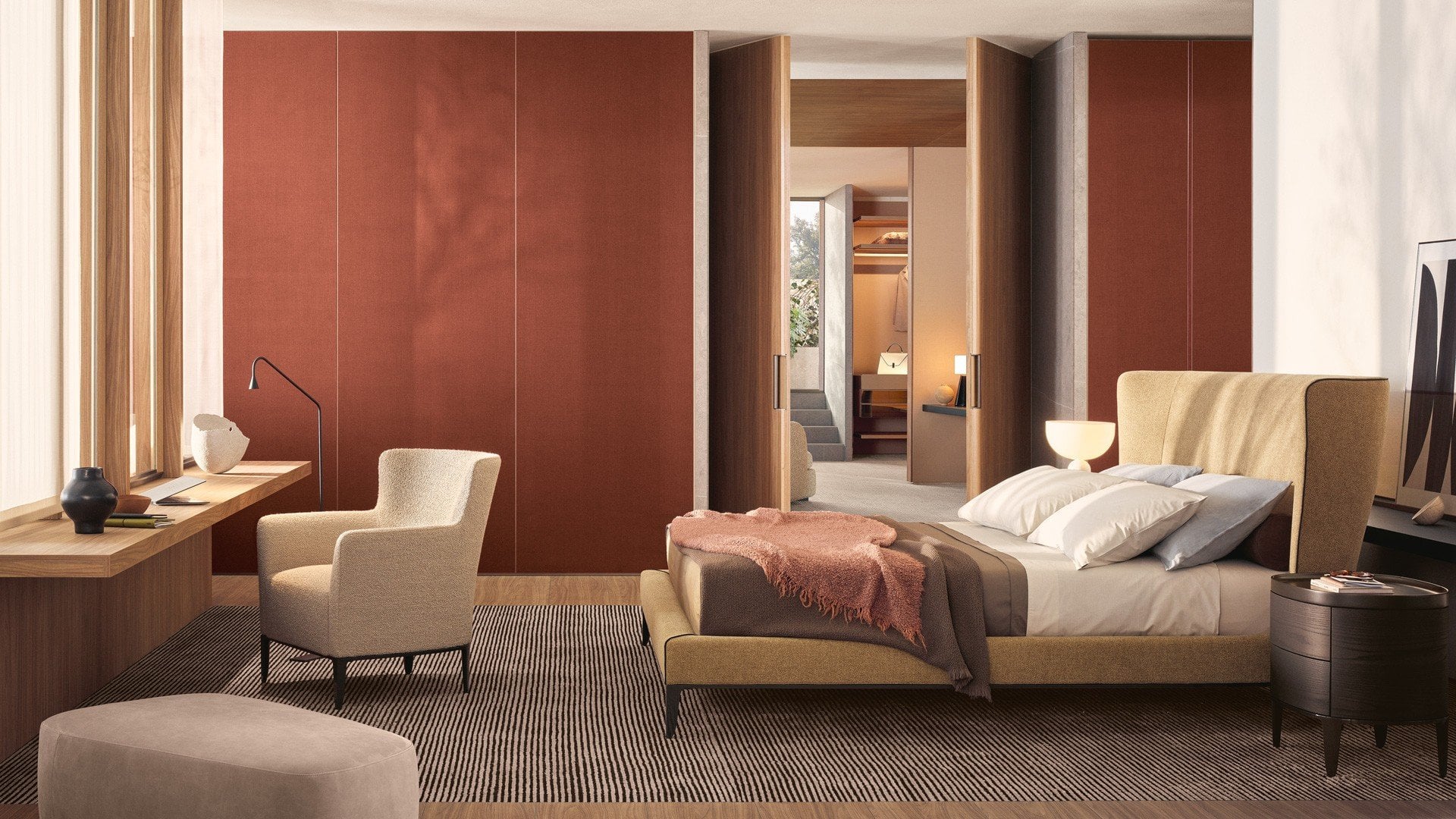 Vista laterale del letto Gentleman Poliform con bordura gros-grain