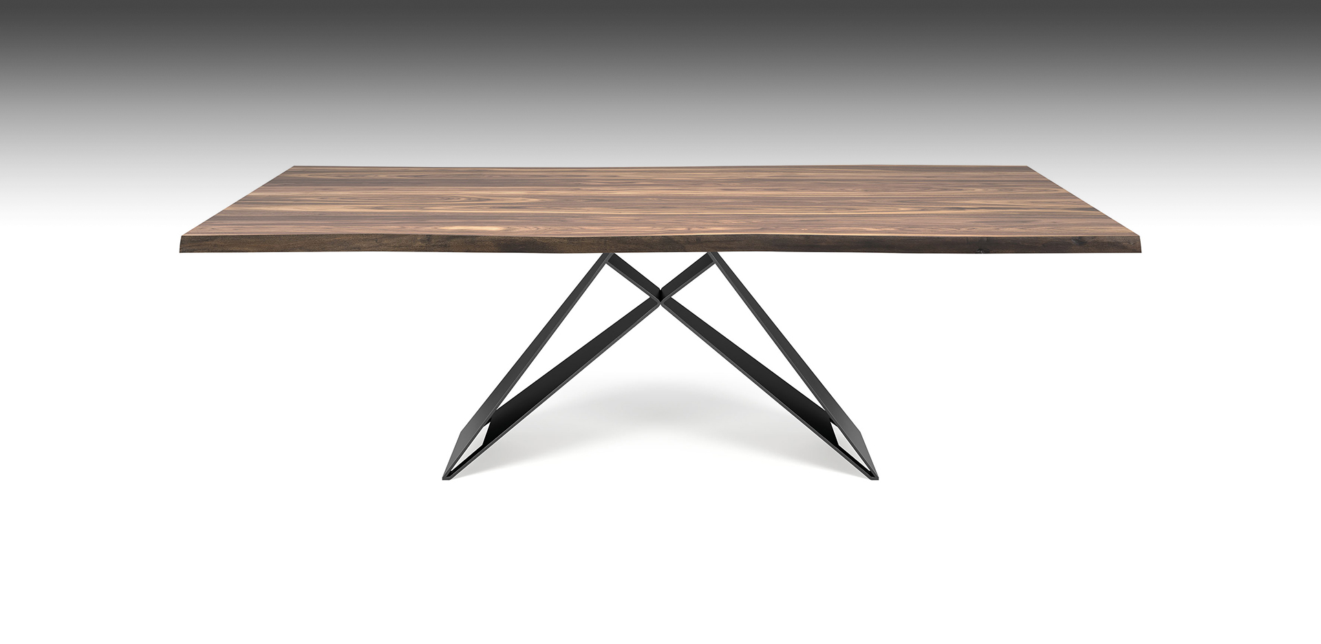 Vista laterale del tavolo Premier Wood con finiture in acciaio e legno