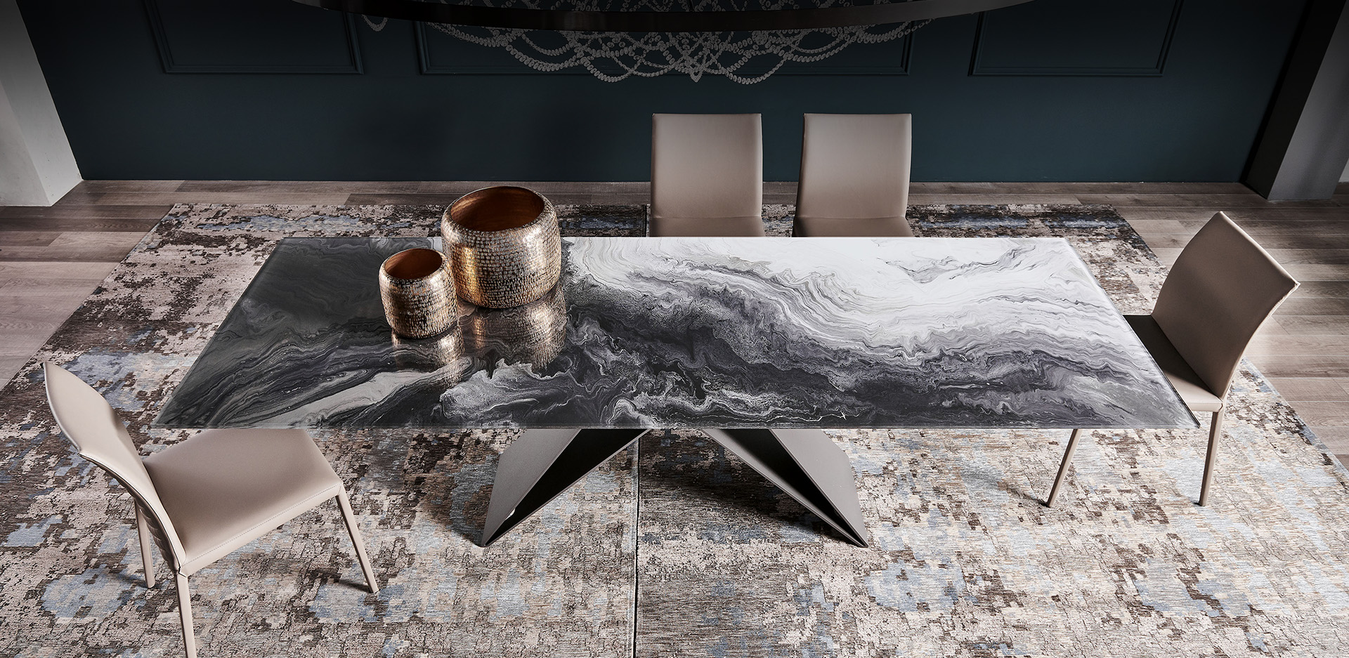 Piano in cristallo extrachiaro bisellato con stampa artistica del tavolo Premier Crystalart