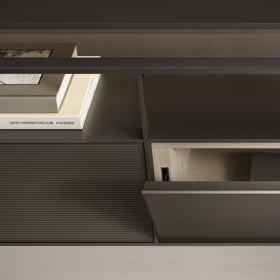 Mobile TV Rialto vista frontale con finiture e illuminazione