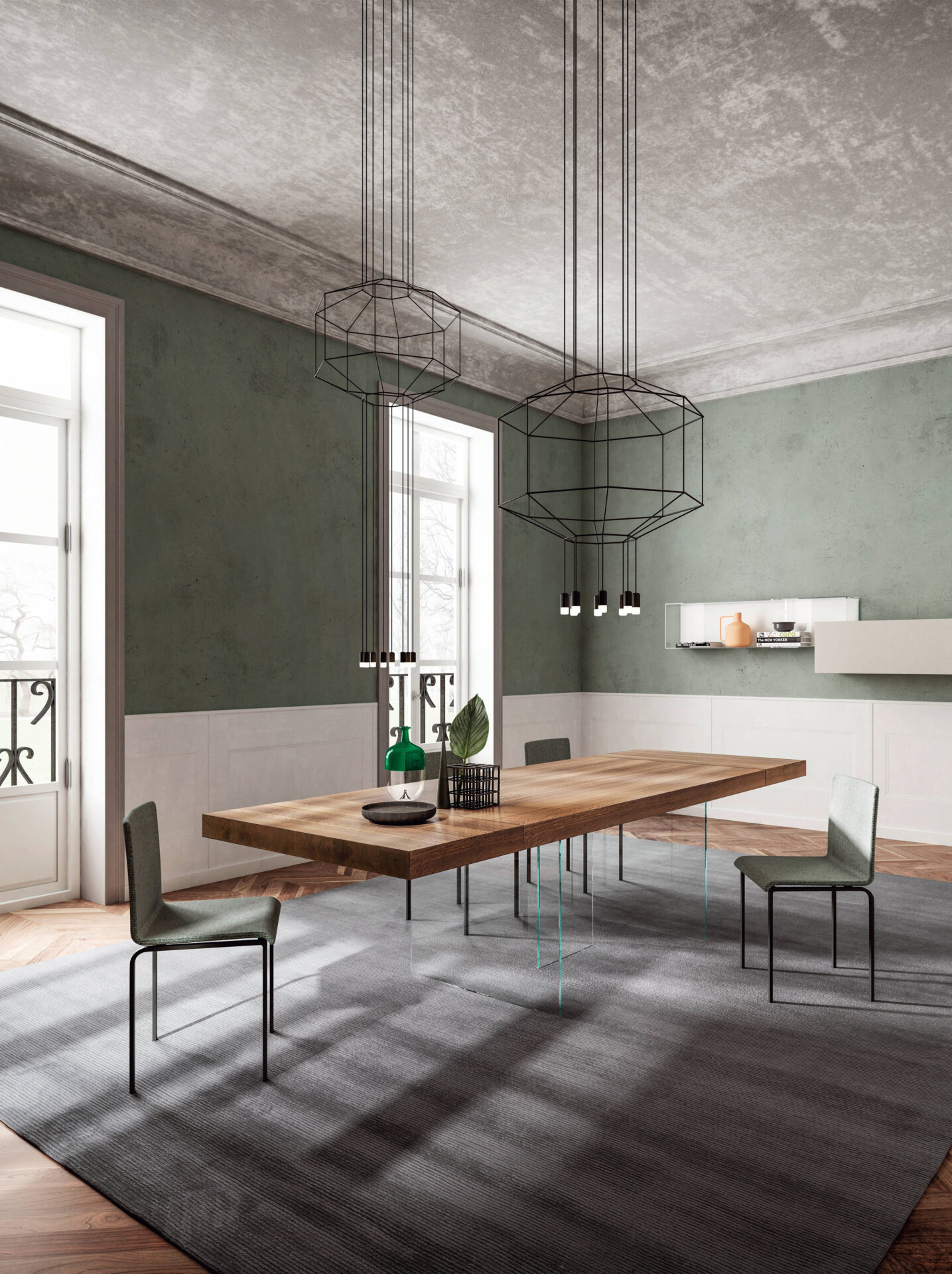 Sala da pranzo con tavolo Air allungabile Lago in legno e vetro fumè
