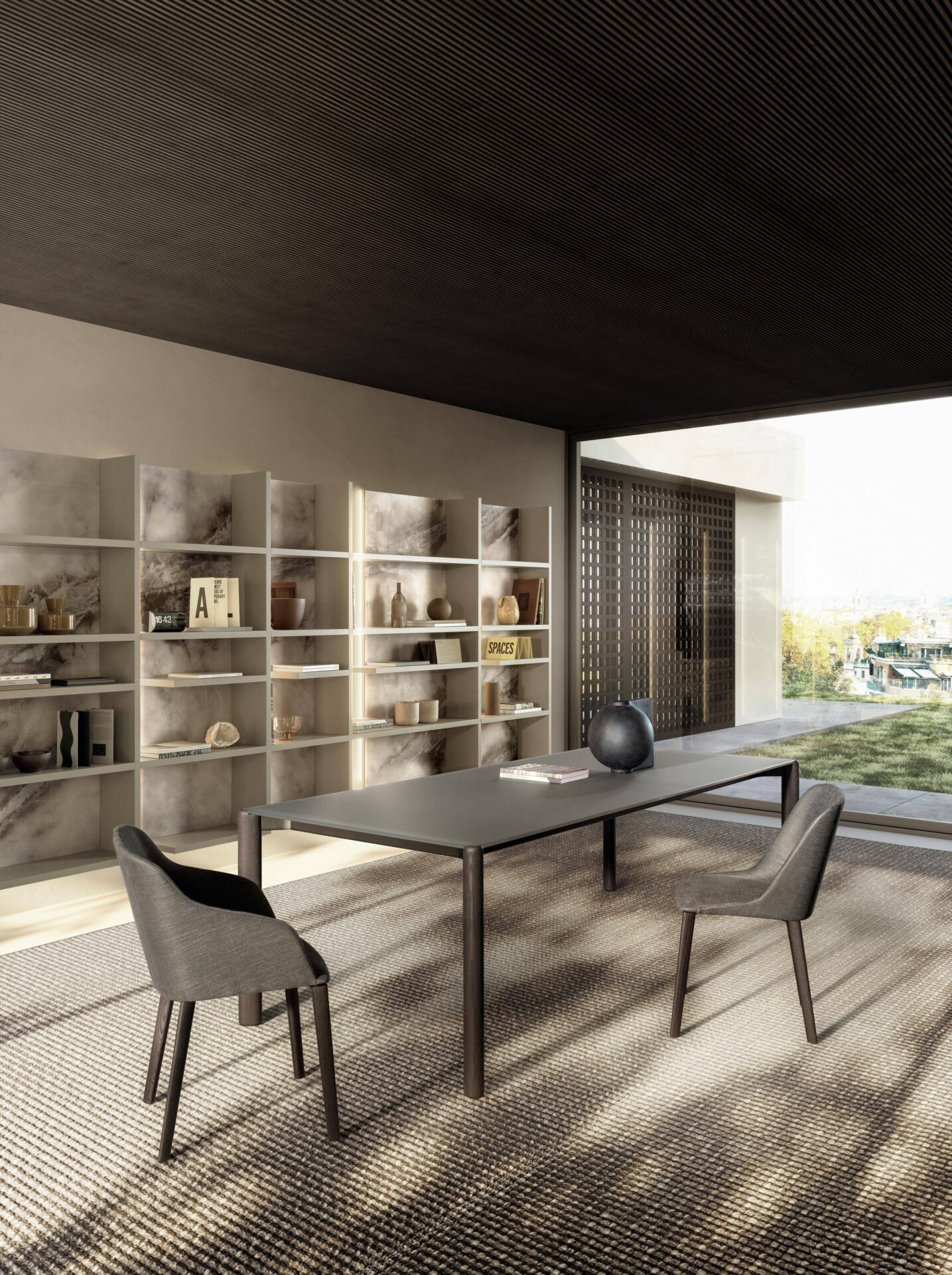 Tavolo Correr Slim con piano in vetro e sedie in sala da pranzo