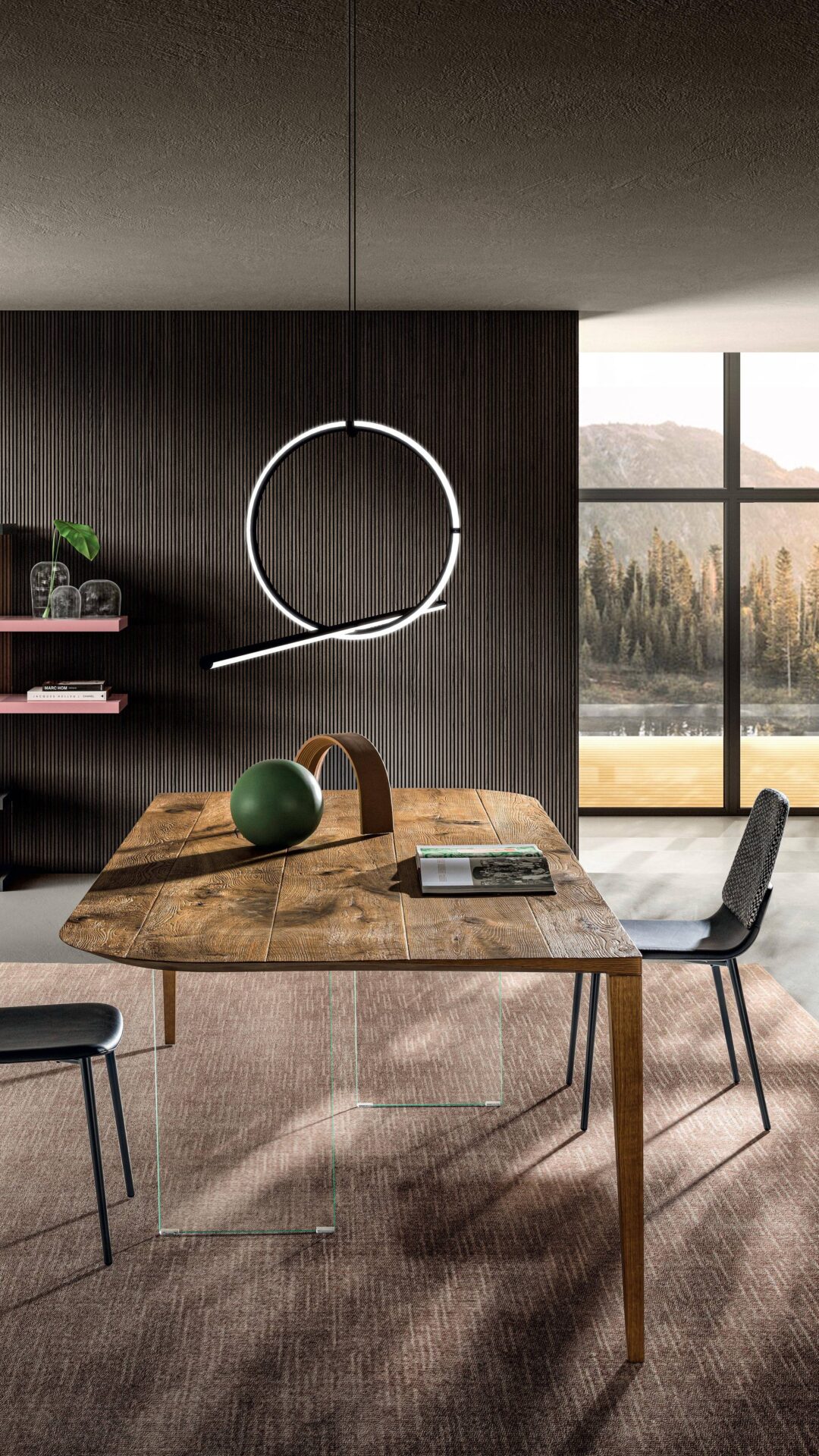 Dettaglio tavolo P&J con gambe in vetro e legno