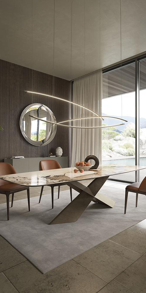 Dettaglio finitura Brushed e piano in ceramica del tavolo Tyron Keramik