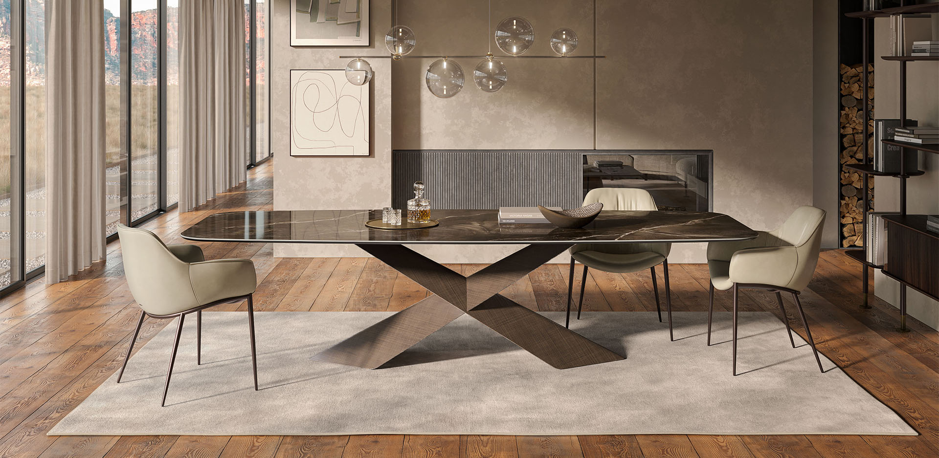 Tavolo Tyron Keramik ambiente living con finitura acciaio verniciato