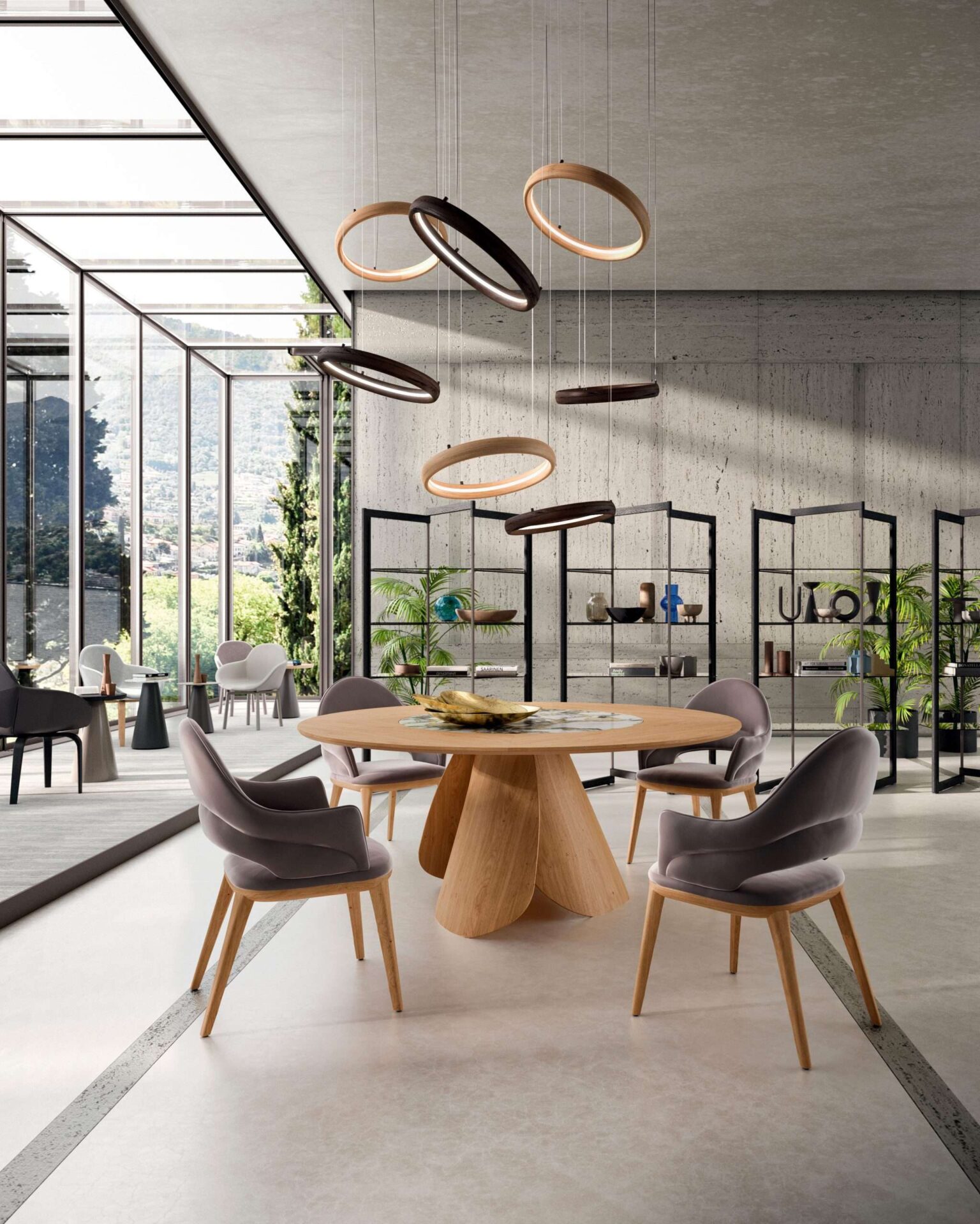 Vista laterale del tavolo Veliero con basamento a vele