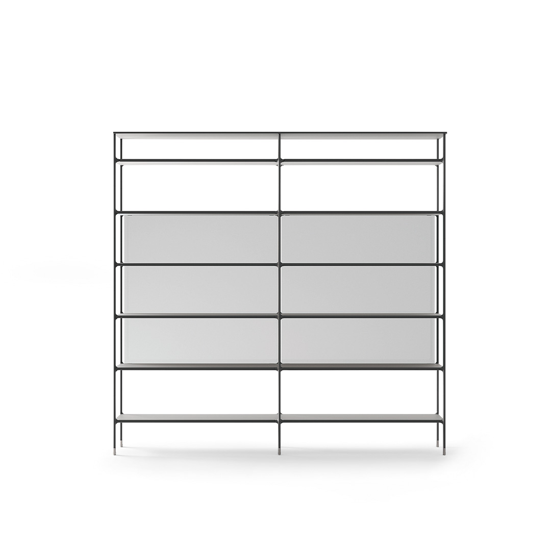 Dettaglio del pannello posteriore in vetro temperato della libreria Wind